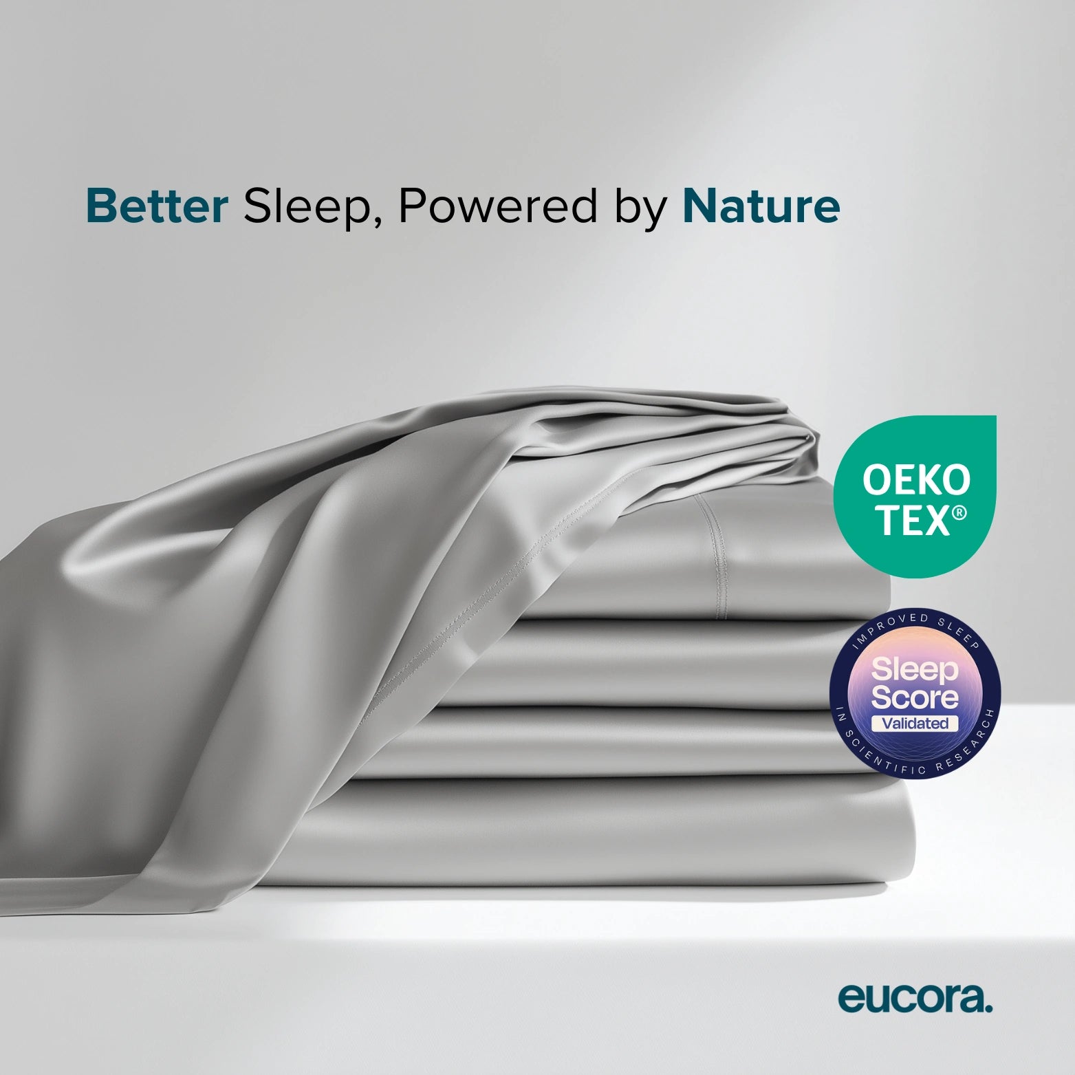 Light grey eucalyptus-infused bamboo bed sheets by Eucora, designed for cooling comfort, luxury softness, and a better night’s sleep.