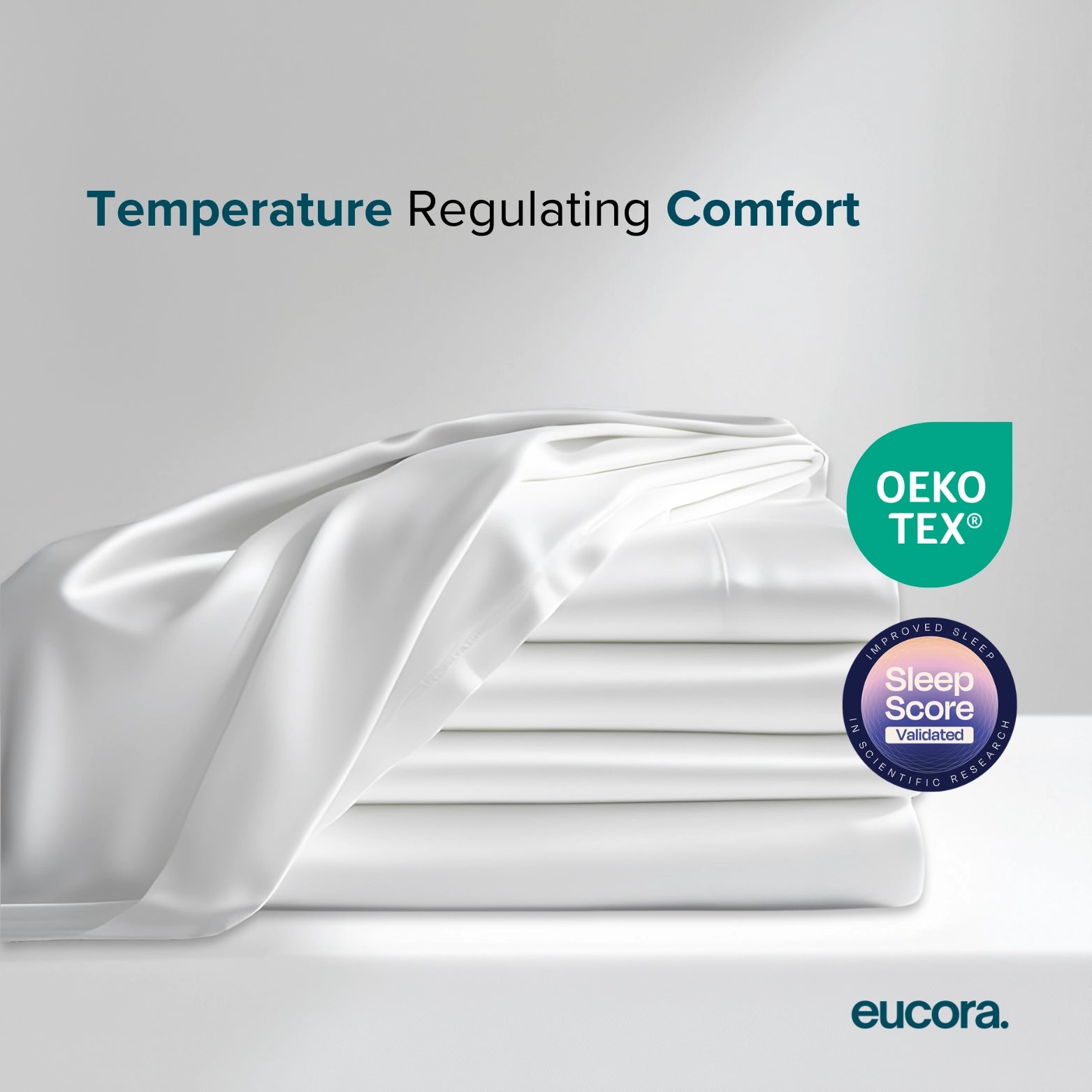 White eucalyptus-infused bamboo bed sheets by Eucora, offering hotel-level softness, natural breathability, and a clean, calming sleep experience.